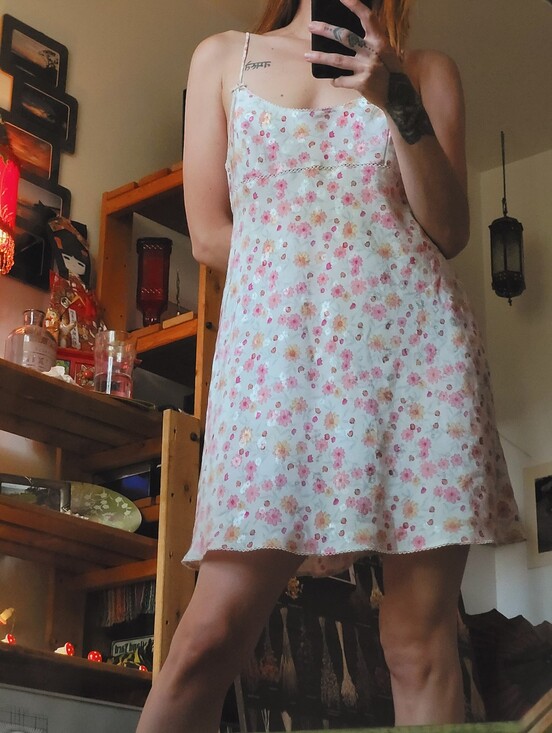 La SENZA Other - La SENZA Vintage White Pink Floral Chemise Satiny Slip Dress - L